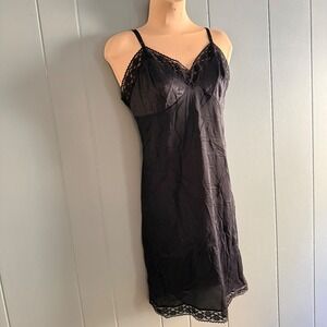 Cabernet Vintage Black Satin Slip Dress Lace Trim 70s 80s Goth Coquette USA S/M